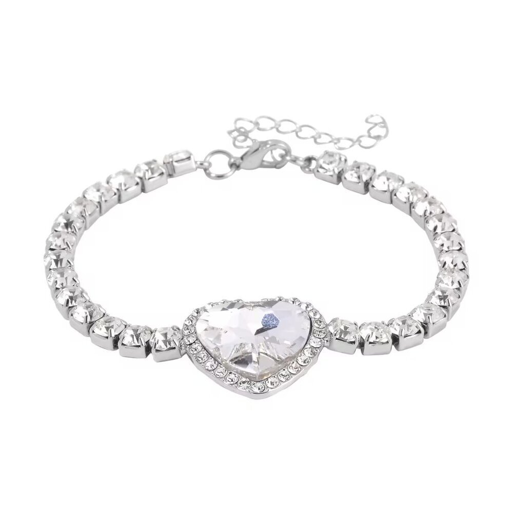 ❤️ White Glass & Austrian Crystal Heart Bracelet and Earrings in Silvertone 7.5"